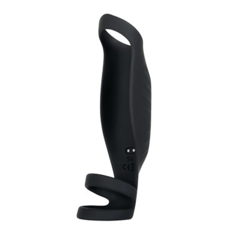 Gender X Rocketeer: black silicone vibrating penis sheath with a head loop and two ball rings
