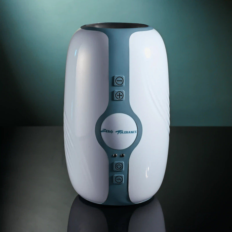 Zero Tolerance Touchdown: white and slate blue vibrating, tightening stroker with front control buttons