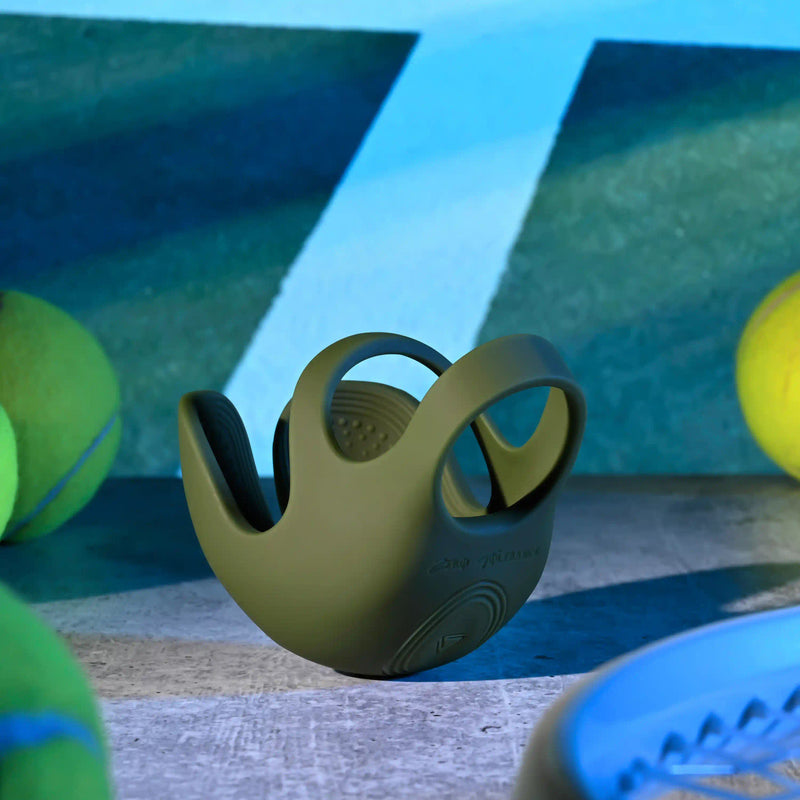 Zero Tolerance Nutty Buddy: olive green silicone vibrating ball cup with stretchy shaft and ball loops