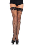 SPANDEX INDUSTRIAL NET THIGH HIGHS WITH STAY UP SILICONE LACE TOP BLACK P/S