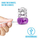 Purple Pleasure Ring charging with its USB cord. Charge time 60 minutes, run time 50 minutes