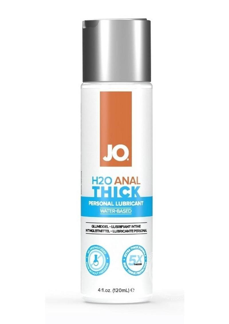 JO H2O Anal Thick, 4 oz: thick water-based anal lubricant in a white bottle with an orange and blue label