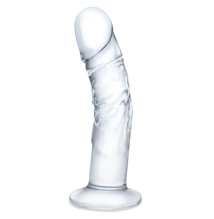 Glas Curved Realistic 7 in: clear glass dildo with a lifelike head, veined curved shaft and flat round base