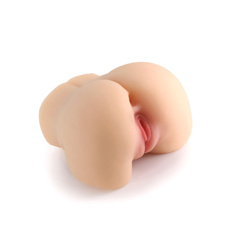 Lotus stroker in tan: realistic butt masturbator with two entries, angled rear view