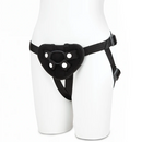 Black Lux Fetish harness worn on a white mannequin to show the fit and side buckles