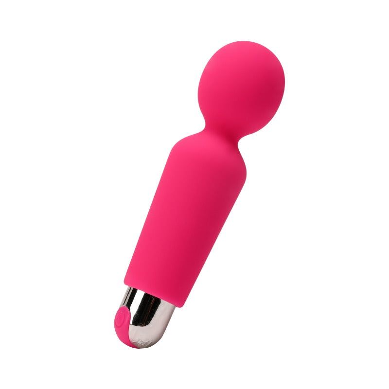 The Pleasure Co Olia Max in pink: mini silicone wand vibrator with a round head and silver bullet base