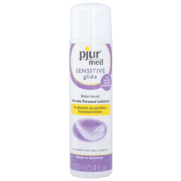 pjur med Sensitive Glide water-based lubricant: 100 ml (3.4 fl oz) white bottle. No glycerin, parabens or preservatives