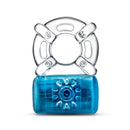 Front view of the blue Pleasure Ring showing the stretchy clear ring and nubbed vibrator