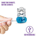Blue Pleasure Ring charging with its USB cord. Charge time 60 minutes, run time 50 minutes