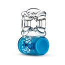 Side view of the blue Pleasure Ring showing the end of the vibrator