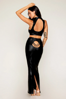 FAUX LEATHER WETLOOK BRA & LONG SLIP SKIRT BLACK MEDIUM