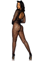 SEAMLESS LEOPARD NET GLOVED BODYSTOCKING BLACK O/S