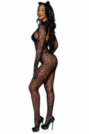 SEAMLESS LEOPARD NET GLOVED BODYSTOCKING BLACK O/S