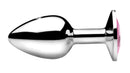 Side view of the small pink gem plug showing its tapered bulb and slim neck