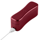 Maroon FemmeFunn charging case with its USB cable plugged in