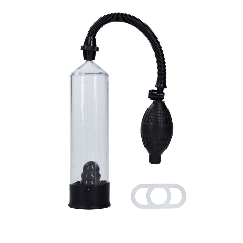 CalExotics Precision Pump Standard: clear penis pump cylinder with black hose, squeeze bulb and a white 3-hole ring