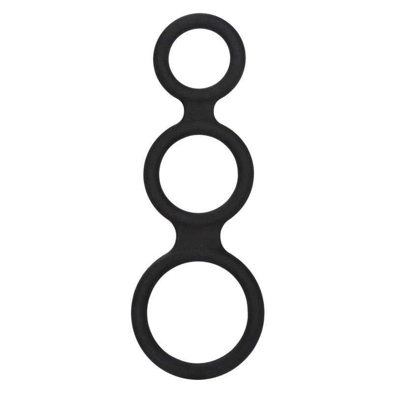 CalExotics Maximizer Enhancer in black: silicone triple cock and ball ring with three linked rings