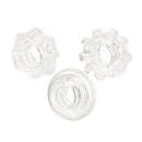 CalExotics Reversible Ring Set in clear: three stretchy cock rings, two star-shaped with nubs and one smooth donut ring