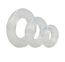 CalExotics Premium Silicone Ring 3 Piece set: three clear stretchy silicone cock rings in medium, large and XL