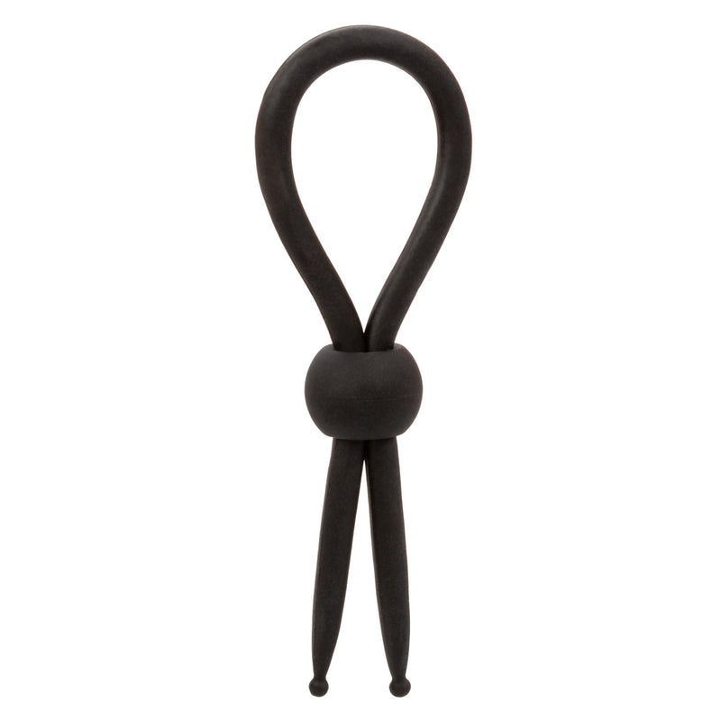 CalExotics Alpha Liquid Silicone Lasso in black: adjustable lasso cock ring with a sliding cinch bead