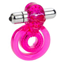 CalExotics Dual Clit Flicker: pink jelly dual cock ring with a nubbed tongue stimulator and removable silver bullet
