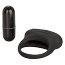 CalExotics Lovers Arouser: black silicone vibrating cock ring with a ridged top and removable black bullet