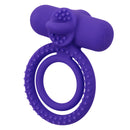 CalExotics Silicone Rechargeable Dual Climaxer: purple vibrating dual cock ring with a nubbed flickering tongue