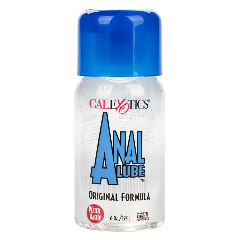 CalExotics Anal Lube Original Formula: 6 oz (195 g) clear bottle of water-based lubricant with a blue cap