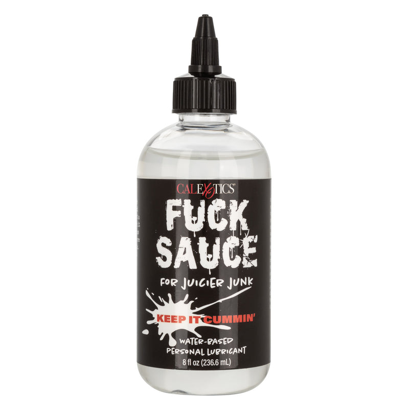 CalExotics Fuck Sauce: 8 oz (236.6 ml) water-based lubricant in a clear bottle with a black For Juicier Junk label
