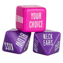CalExotics Spicy Dice: one pink cube die and two purple 8-sided dice with action, body part and place words