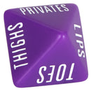 Purple body part die close-up with the words Privates, Lips, Toes and Thighs