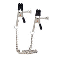 CalExotics Nipple Play Bull Nose Nipple Clamps: adjustable silver clamps with black rubber tips joined by a chain