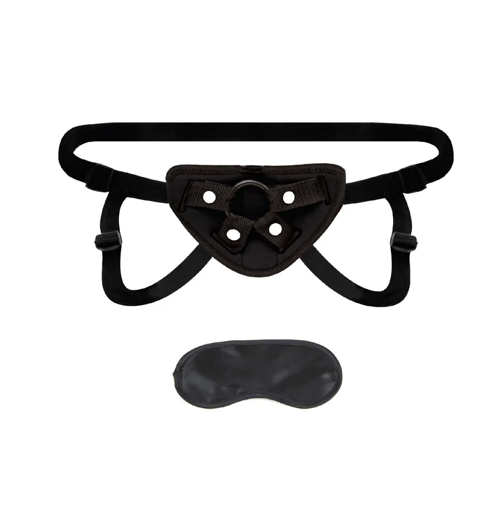 Lux Fetish Strap-On Harness in black: adjustable strap-on harness with an O-ring front pad and a satin blindfold