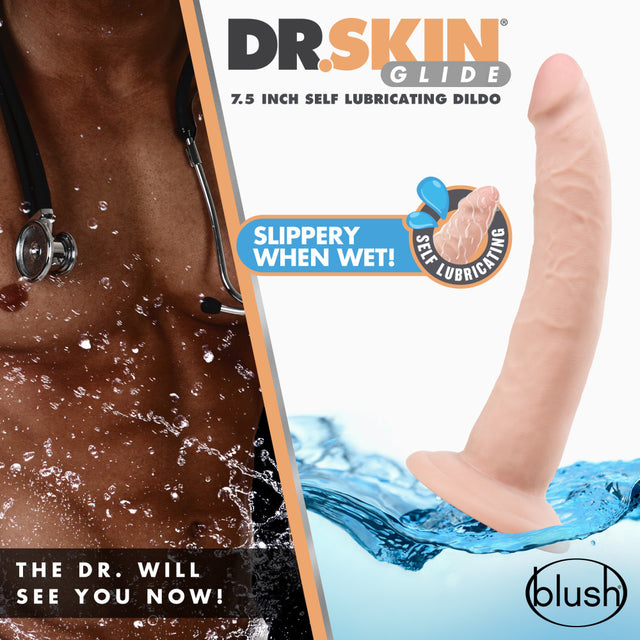 Blush Dr. Skin Glide 7.5 in Self Lubricating Dildo: vanilla, slippery when wet, suction cup base. The Dr. will see you now