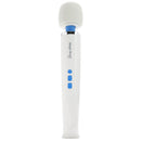 White wand vibrator labelled Magic Wand Plus, with a gray head, blue neck and three blue buttons