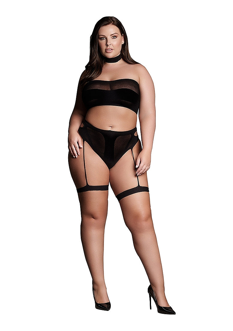 3PC CHOKER, BANDEAU TOP, PANTY WITH GARTERS BLACK P/S