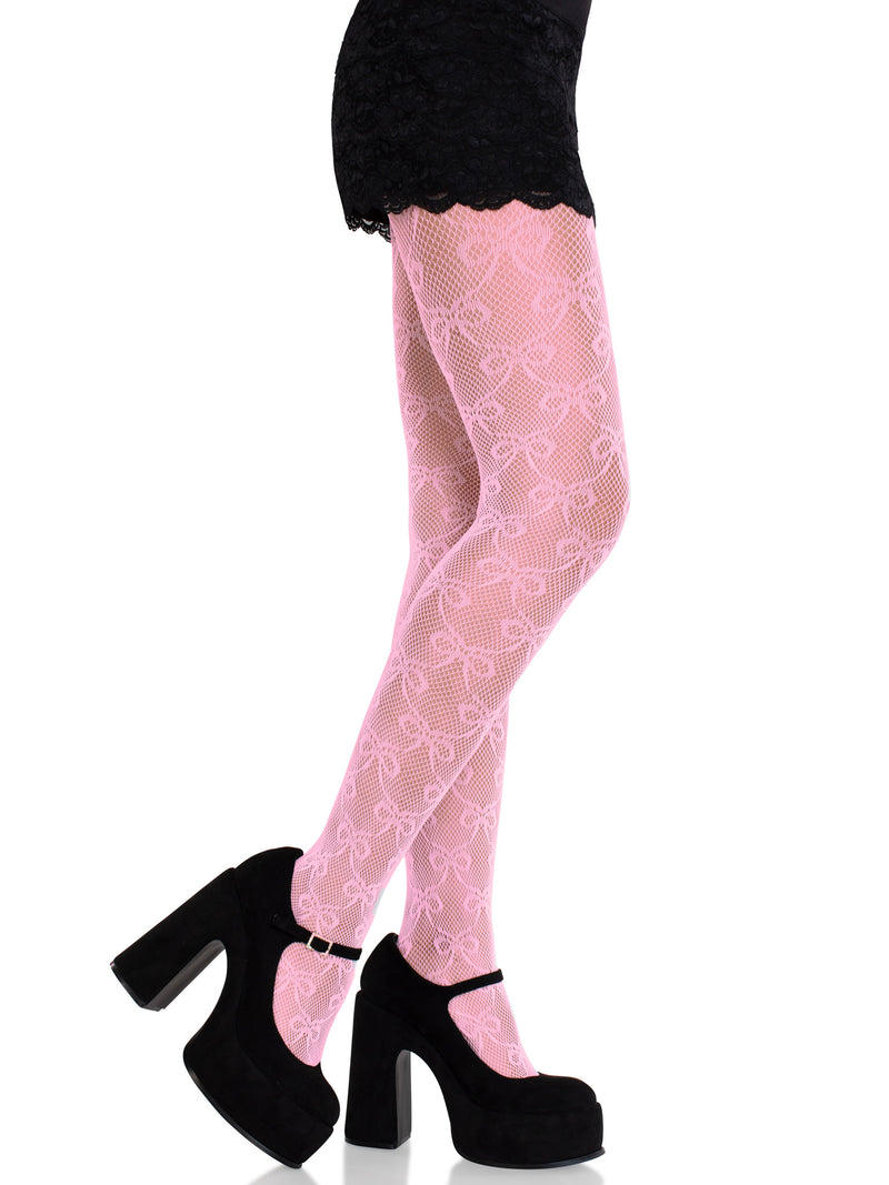 BOW NET TIGHTS PINK O/S