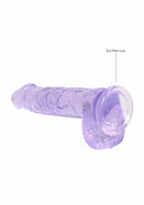 Purple 6 inch dildo lying on its side, labelled to show the suction cup