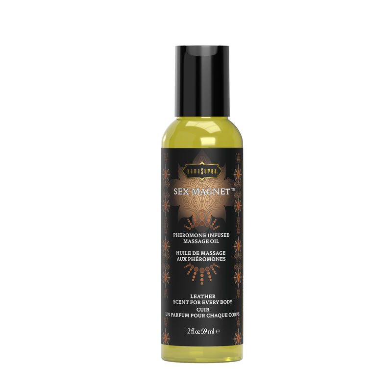 Kama Sutra Sex Magnet Pheromone Infused Massage Oil in Leather: 2 oz (59 ml) bottle with a dark label