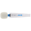 Magic Wand Rechargeable Mini: white cordless mini wand vibrator with a gray head and three blue buttons, side view