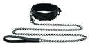 Sportsheets Sincerely Bow Tie Collar and Leash: black faux leather collar with a bow and a black chain leash