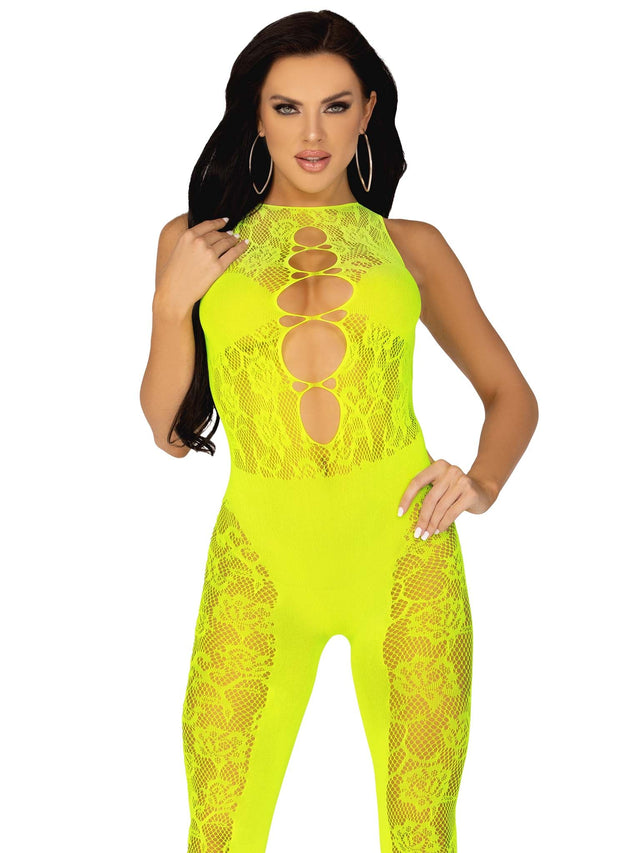 FLORAL LACE CONVERTIBLE FOOTLESS BODYSTOCKING YELLOW O/S