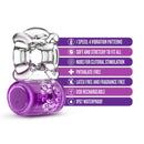 Blush Play With Me Pleasure Ring in purple: clear stretchy vibrating cock ring with a purple nubbed bullet. 4 patterns, IPX7
