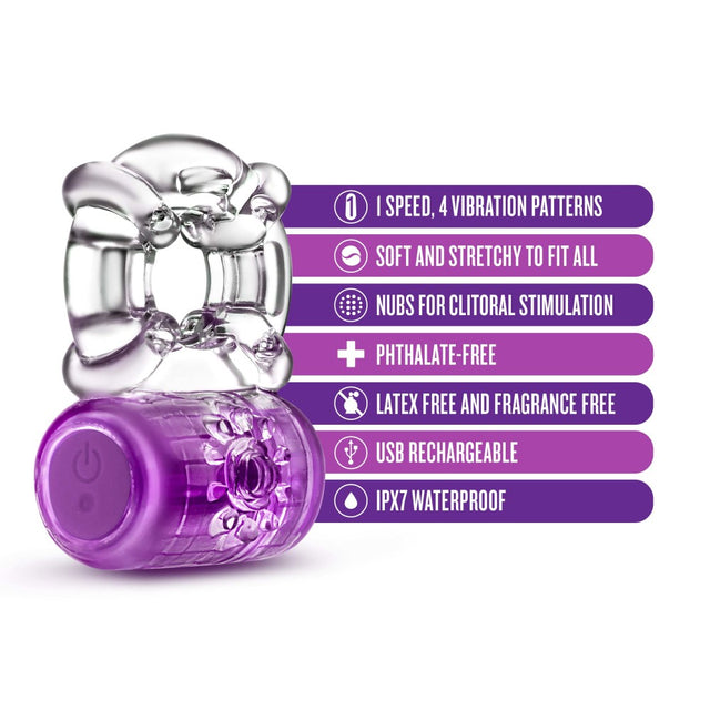 Blush Play With Me Pleasure Ring in purple: clear stretchy vibrating cock ring with a purple nubbed bullet. 4 patterns, IPX7