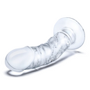 Clear Glas curved dildo lying on its side, showing the veined shaft and base