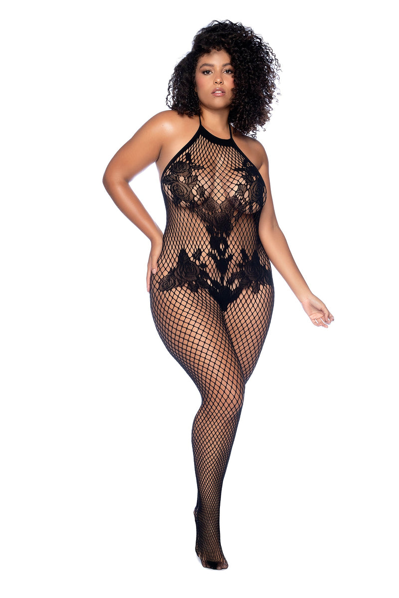 HALTER AND CROTCHLESS FLORAL BODYSTOCKING BLACK Q/S