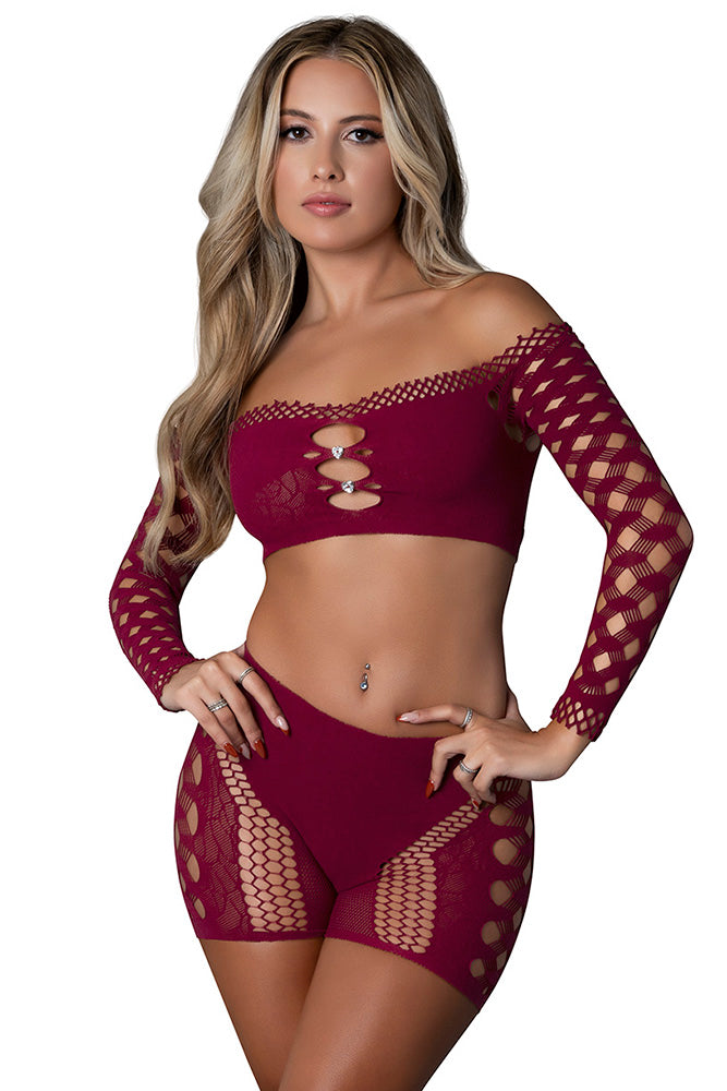 CROP TOP & SHORT SET BURGUNDY O/S