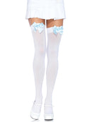 OPAQUE WHITE THIGH HIGHS SATIN BABY BLUE BOW O/S