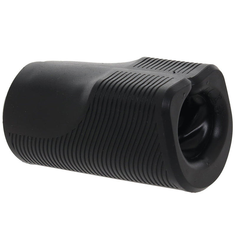 Arcwave Zing: black open-sleeve vibrating stroker with a ridged textured opening, on its side