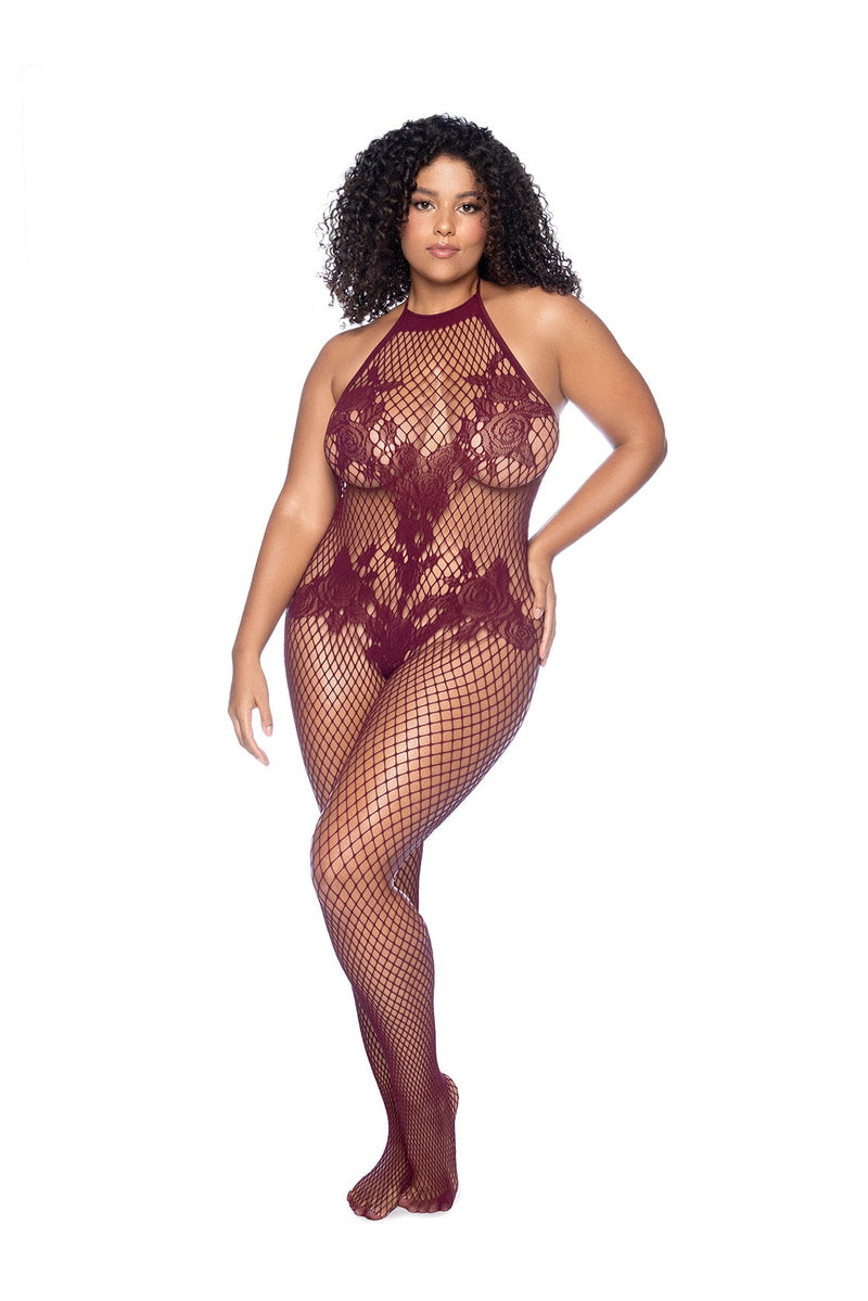 HALTER AND CROTCHLESS FLORAL BODYSTOCKING CHERRY Q/S